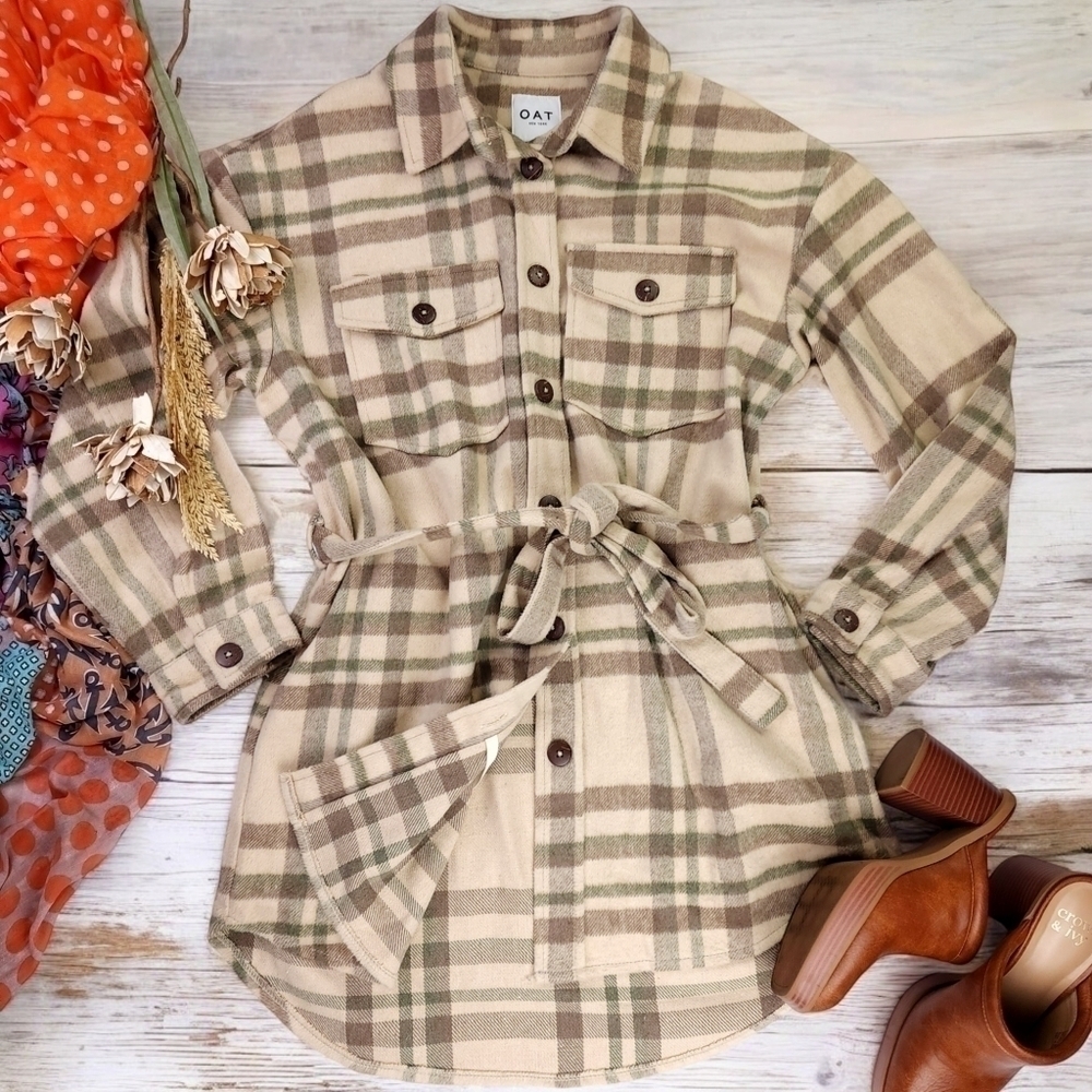 Oat New York Belted Sweater Coat Sz Medium Beige Green Tan M - Picture 1 of 12